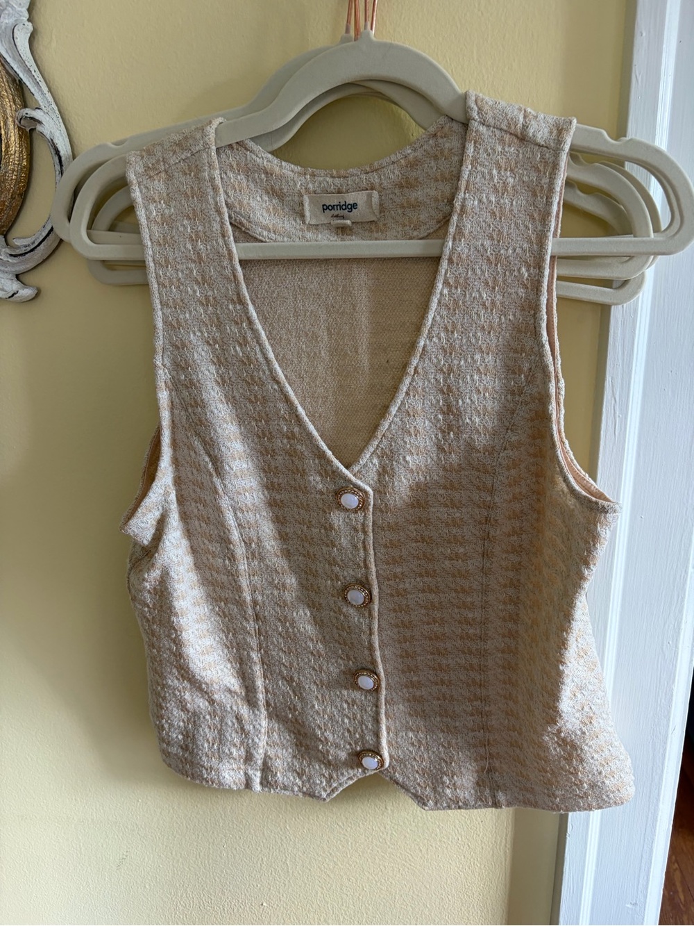 Anthropologie Porridge Sleeveless Button Front Vest - Cream, Gold, & Light Tan